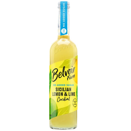 Belvoir Sicilian Lemon & Lime Cordial in a clear glass bottle with a yellow label and no added sugar.