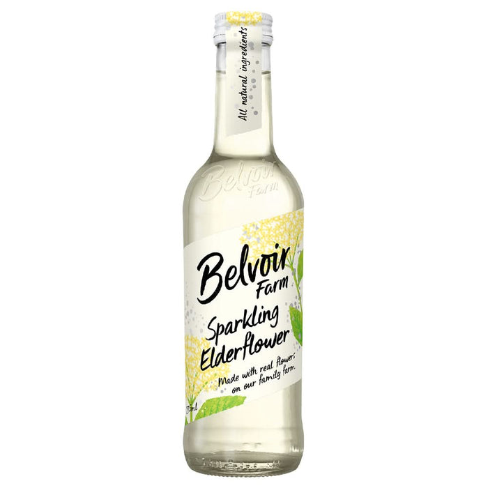 Belvoir Organic Sparkling Elderflower beverage in a clear glass bottle with floral design and natural ingredients label.