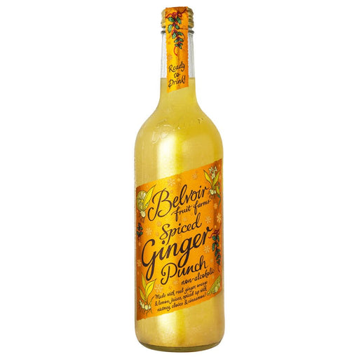 Golden bottle of Belvoir Spiced Ginger Punch with decorative orange label, ready to drink, non-alcoholic beverage.
