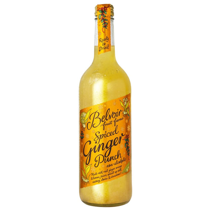 Golden bottle of Belvoir Spiced Ginger Punch with decorative orange label, ready to drink, non-alcoholic beverage.