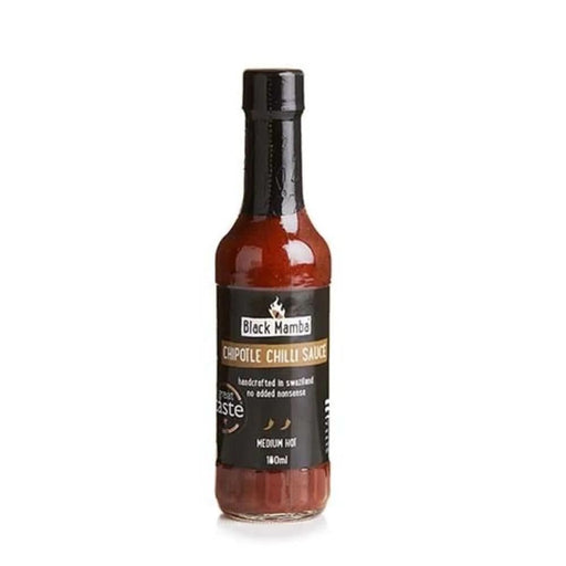 Black Mamba Chipotle Chilli Sauce in a clear glass bottle, medium hot, with a dark label.