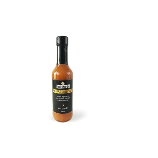 Black Mamba Pineapple Chilli Sauce in a glass bottle, mild and sweet, with a black and yellow label.