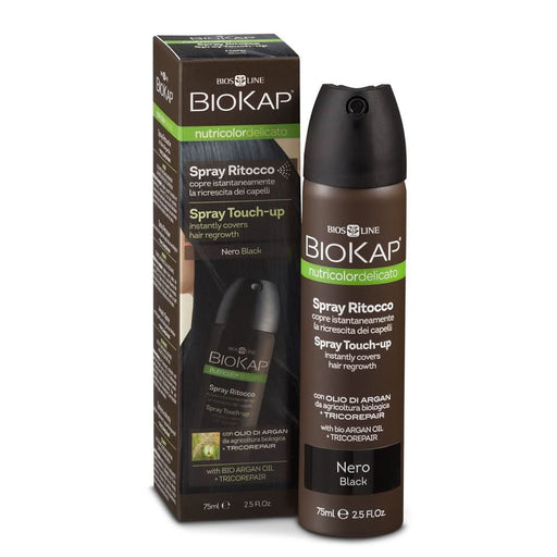 Black root touch-up spray by BioKap in Nero Black, 75ml, for instant grey coverage and hair color maintenance.