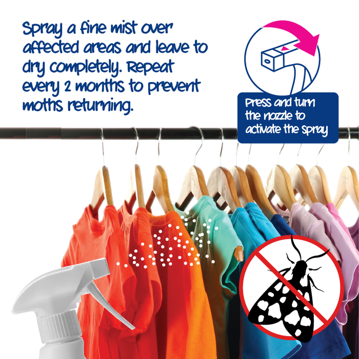 Ecozone Moth Repellent spray bottle with nozzle, featuring colorful clothing in the background.