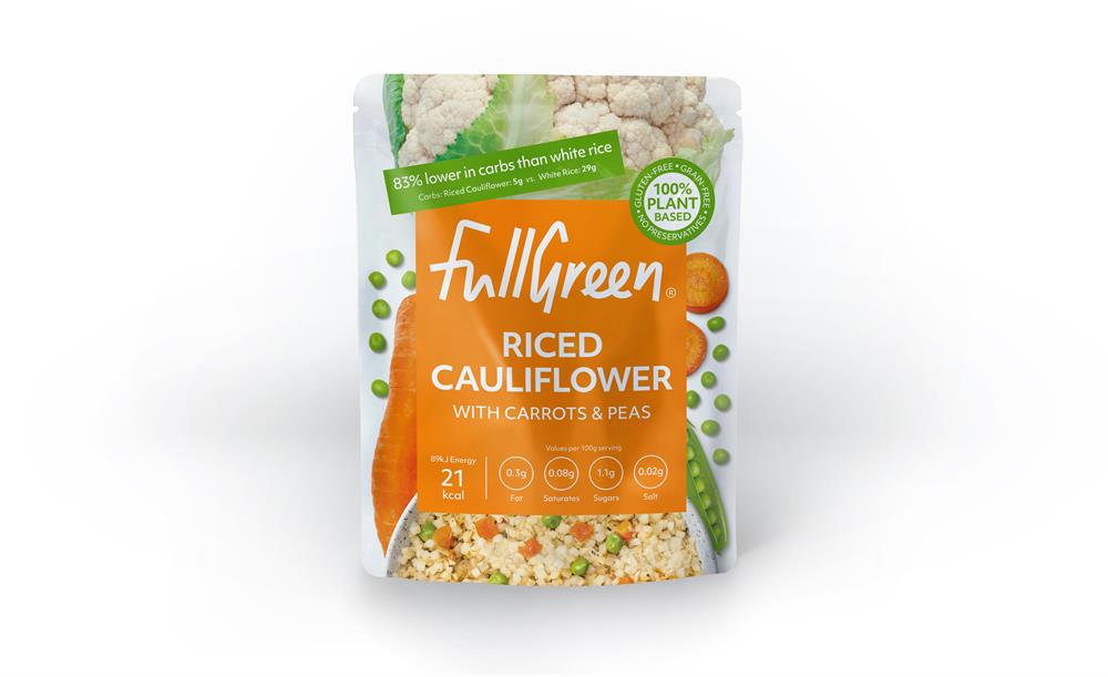 Fullgreen Riced Cauliflower with Carrots & Peas, 200g, plant-based health food, low-calorie alternative to rice.