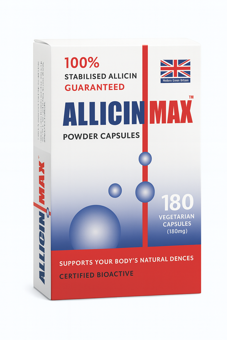 Allicin Max 180 capsules in a clear bottle, promoting wellbeing with natural garlic extract.