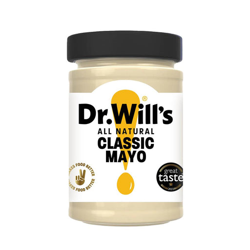 Dr Wills Classic Mayonnaise jar, 170g, creamy white spread, health food, easy-to-use with a clear label.