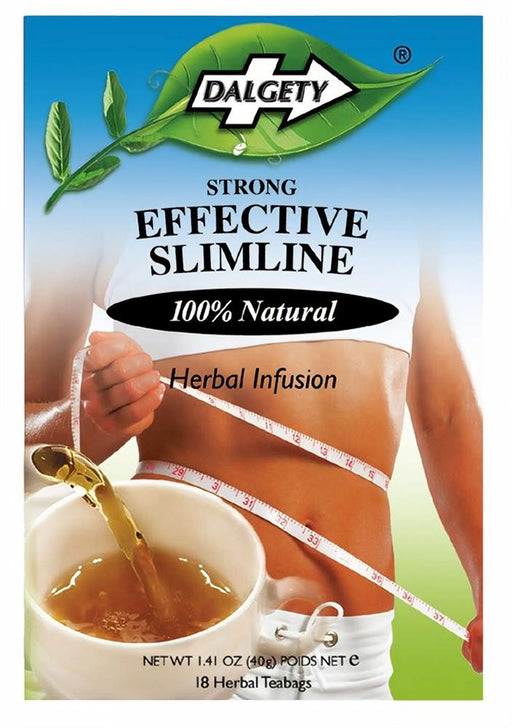 Dalgety Slimline Herbal Tea box with 18 tea bags, featuring an organic herbal mix.