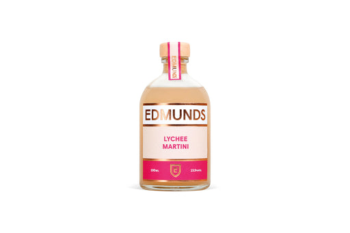 EDMUNDS Lychee Martini 100ml in a clear glass bottle with a pink label and cap.