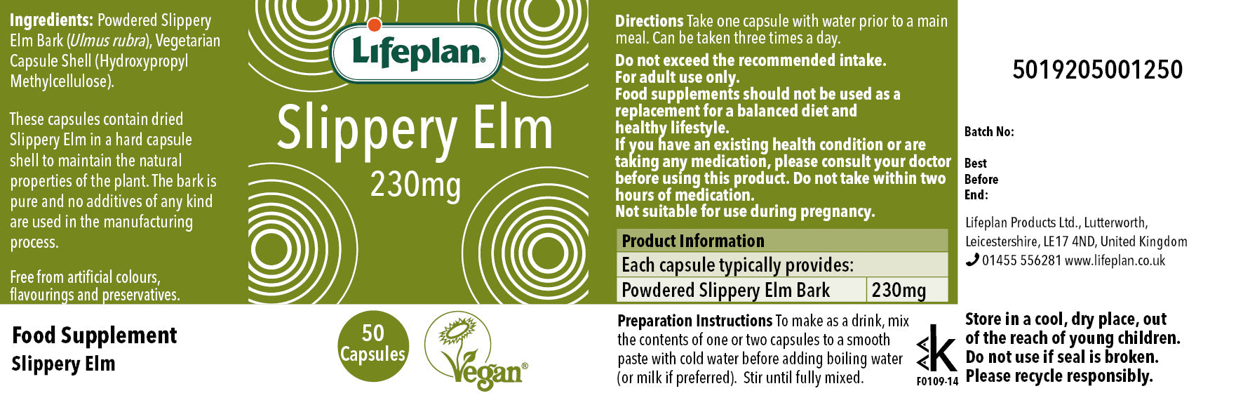 Lifeplan Slippery Elm 230mg 50 Capsules