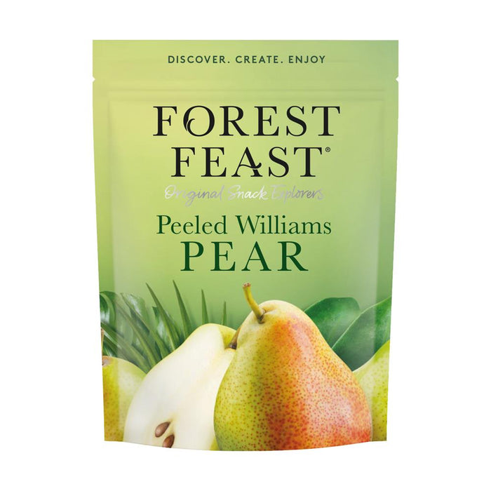 Forest Feast Peeled Williams Pear snack pouch with green background, featuring whole and sliced pears.