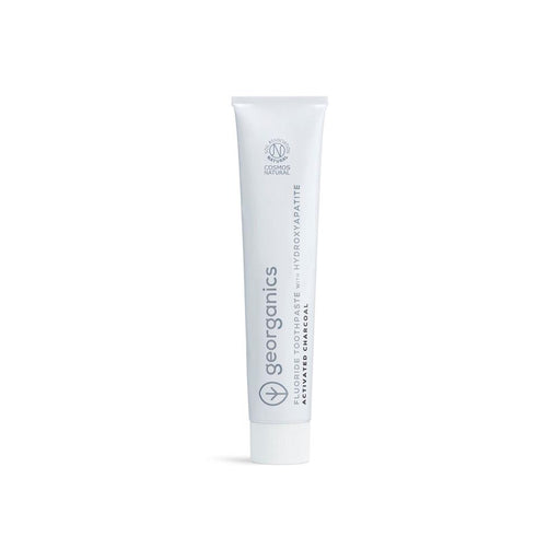Georganics black charcoal toothpaste with hydroxyapatite, fluoride, in a 75ml tube