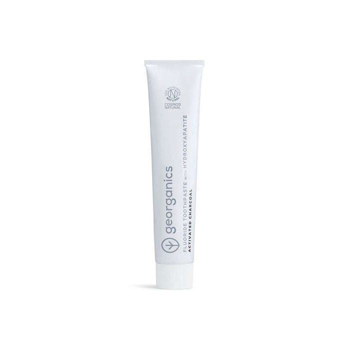 Georganics black charcoal toothpaste with hydroxyapatite, fluoride, in a 75ml tube