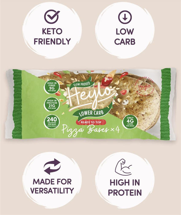 Heylo low carb pizza bases, 4 x 70g, keto-friendly, high in protein, ready to top with your favorite ingredients.