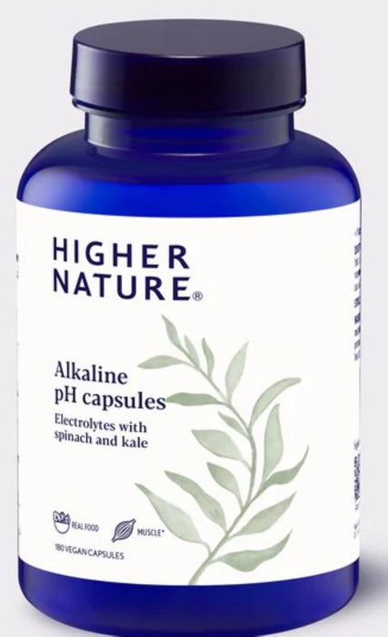 Higher Nature Alkaline pH capsules, 180 vegan capsules, featuring spinach and kale on a blue bottle.