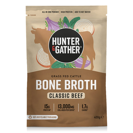 400g Hunter & Gather Classic Beef Bone Broth packaging, featuring a savory, rustic design