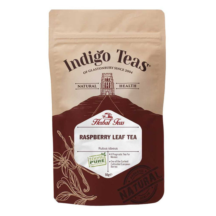 Indigo Herbs Raspberry Leaf Tea 50g in natural-colored packaging with herbal design and clear label.