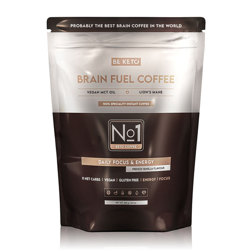 BeKeto Brain Fuel Coffee 250g, vegan instant coffee with MCT oil and Lion's Mane, in a black and silver resealable pouch.