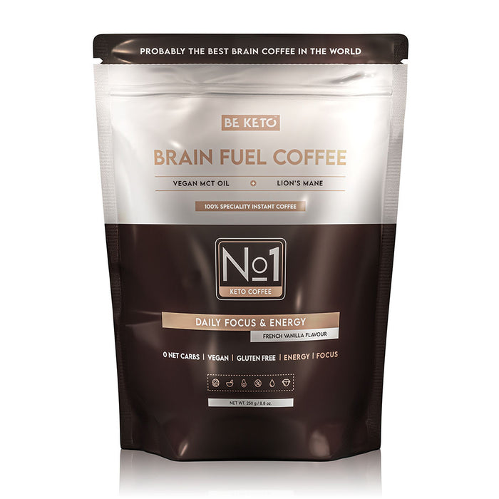 BeKeto Brain Fuel Coffee 250g, vegan instant coffee with MCT oil and Lion's Mane, in a black and silver resealable pouch.