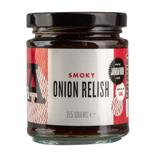 Janda Smoky Onion Relish jar, 215g, featuring a rich, dark brown onion spread with a rustic label design.