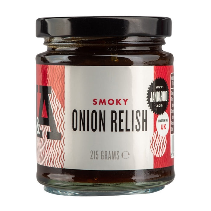 Janda Smoky Onion Relish jar, 215g, featuring a rich, dark brown onion spread with a rustic label design.