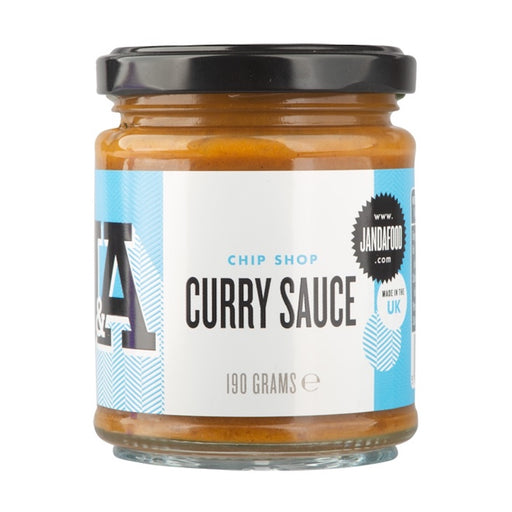 Janda Chip Shop Curry Sauce jar, 190g, with a vibrant yellow label and rich curry sauce inside.