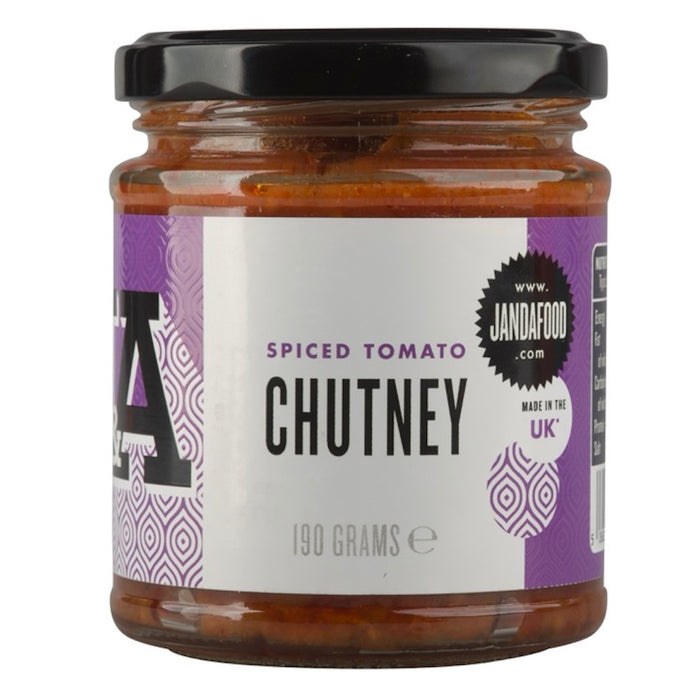 Janda Spiced Tomato Chutney 190g jar with a vibrant red label and spiced tomato ingredients