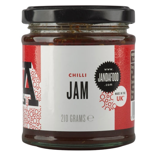 Janda Chilli Jam 210g jar with a vibrant red color and a label featuring the brand name.