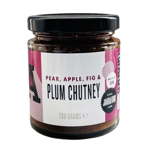 Janda Pear Apple Fig & Plum Chutney jar, 200g, featuring a vibrant label with fruit illustrations.