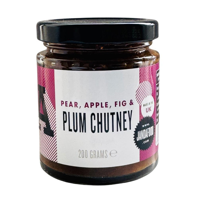 Janda Pear Apple Fig & Plum Chutney jar, 200g, featuring a vibrant label with fruit illustrations.