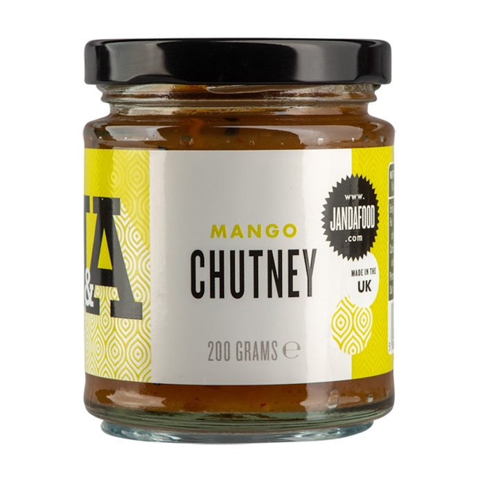 Janda Mango Chutney jar 200g with yellow label and vibrant fruit graphics