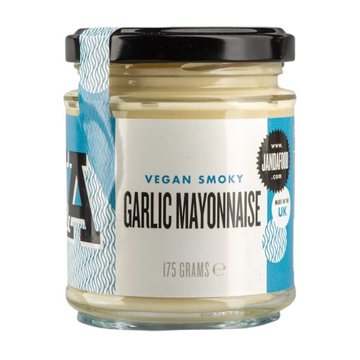 Janda Smoky Garlic Mayonnaise jar with a black label, 175g, featuring a creamy, light beige spread.