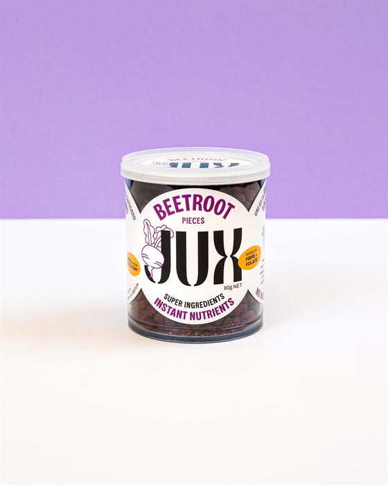 Jux Food Beetroot 80g package featuring vibrant beetroot graphics and health food branding