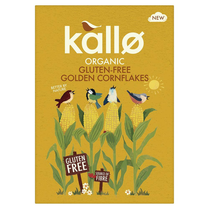 Kallo Organic Cornflakes 375g box with green and white design, featuring whole grain ingredients.