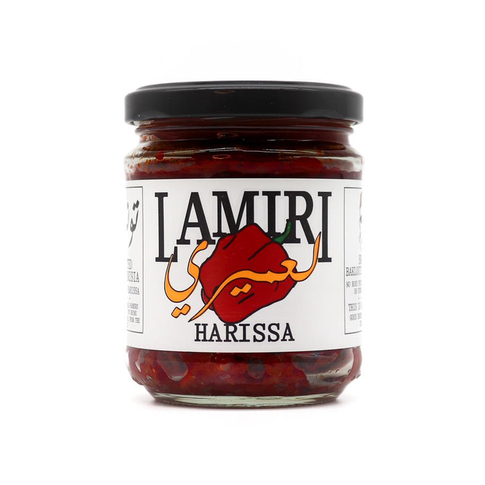 Jar of Lamiri Harissa spice paste in vibrant red, 190g, perfect for enhancing cooking and sauces.