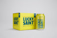 Four cans of Lucky Saint Lemon Lager, 330ml, featuring a bright yellow design.
