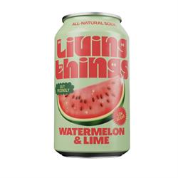 Green soda can featuring Living Things Watermelon & Lime flavor, with a watermelon slice graphic and bold text.