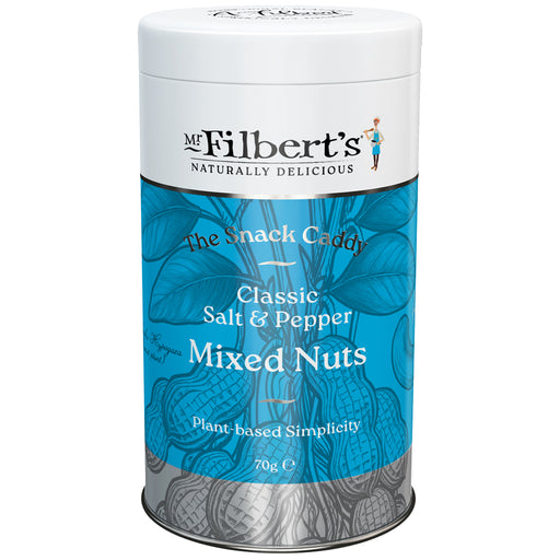 Mr Filberts 70g mixed nuts tin with salt and pepper, festive holiday packaging, perfect for gifting