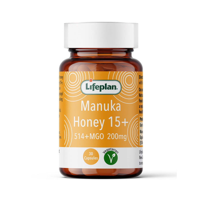 Lifeplan Manuka Honey Capsules 15+, 200mg in a brown bottle, 30 vegetarian capsules.