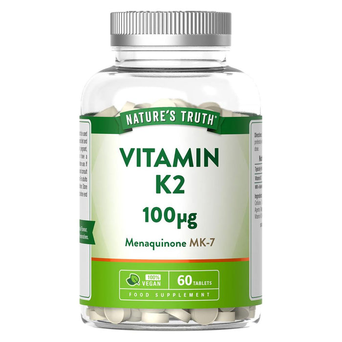 Nature's Truth Vitamin K2 100ug tablets in a blue and white bottle, 60 count.