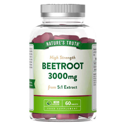 Nature's Truth Beetroot Extract 3000mg in a blue and white bottle, 60 tablets for vitamin supplementation.