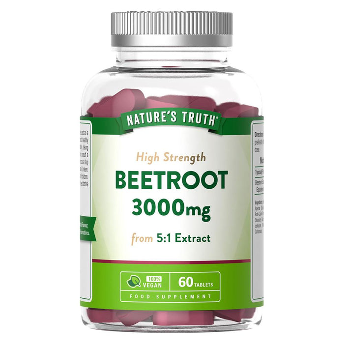 Nature's Truth Beetroot Extract 3000mg in a blue and white bottle, 60 tablets for vitamin supplementation.