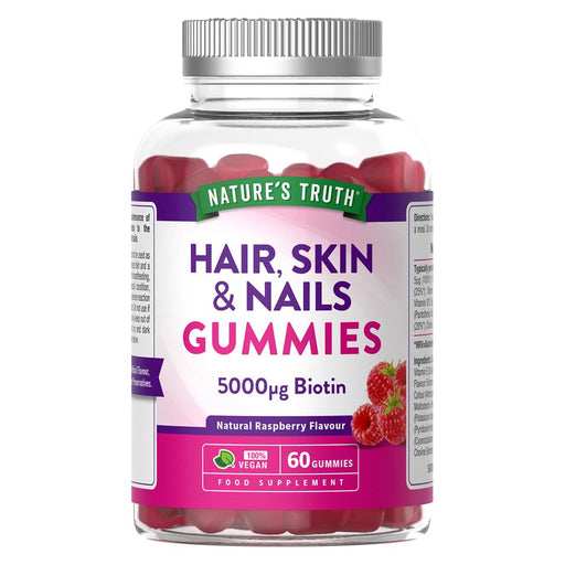 Nature's Truth raspberry gummies for hair, skin, and nails in a 60-count bottle