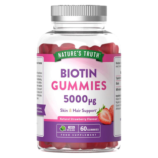 Nature's Truth Biotin gummies, 5000ug, in a vibrant bottle with 60 chewy orange-flavored gummies