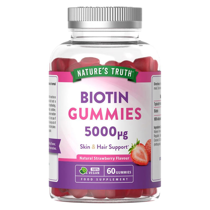 Nature's Truth Biotin gummies, 5000ug, in a vibrant bottle with 60 chewy orange-flavored gummies