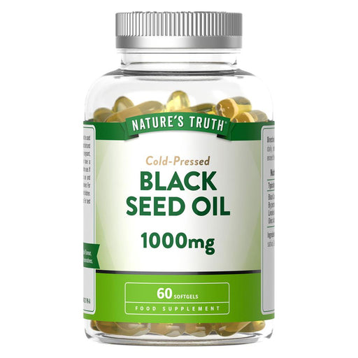 Nature's Truth Black Seed Oil 1000mg softgels in a clear bottle with blue labeling