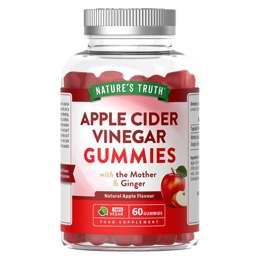 Nature's Truth Apple Cider Vinegar gummies in a bottle, featuring a vibrant label, chewy texture, and 60 count