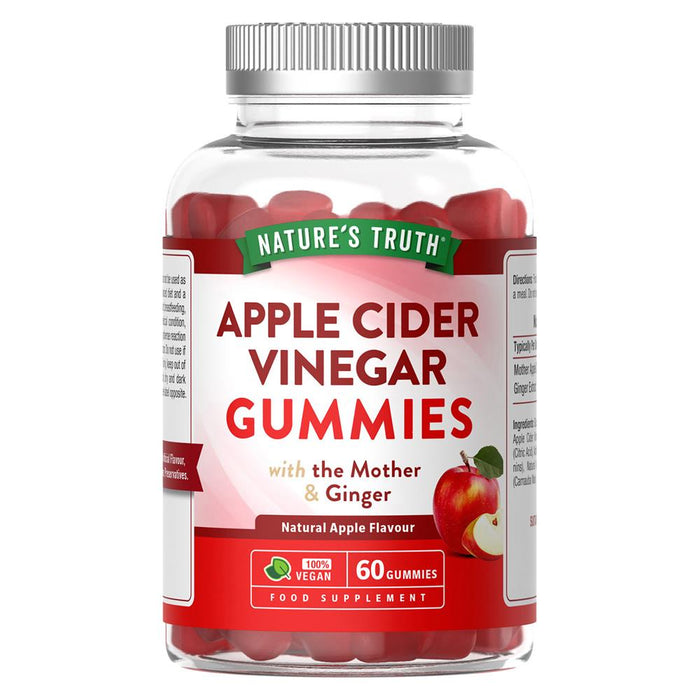 Nature's Truth Apple Cider Vinegar gummies in a bottle, featuring a vibrant label, chewy texture, and 60 count