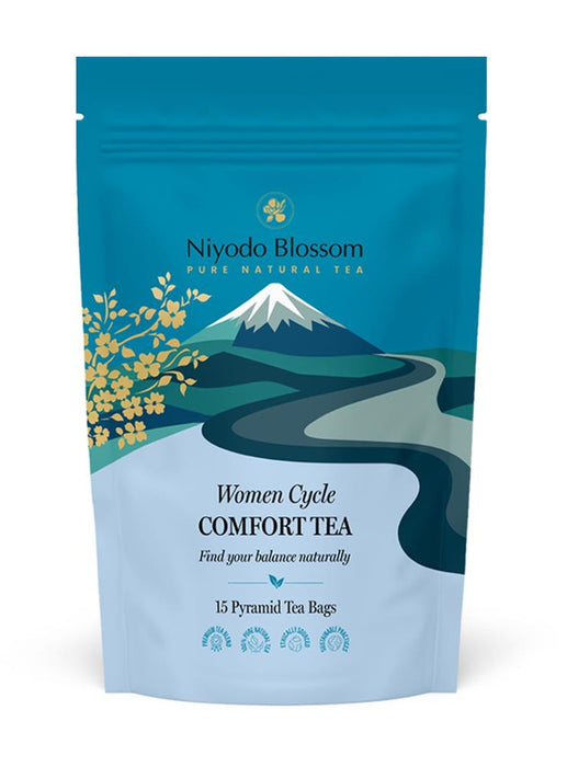 Niyodo Blossom Women Cycle Comfort Tea, 15 pyramid tea bags in blue packaging with floral design.