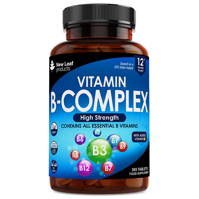 New Leaf All Essential Vitamin B Complex bottle with 365 tablets, yellow label, dietary supplement.
